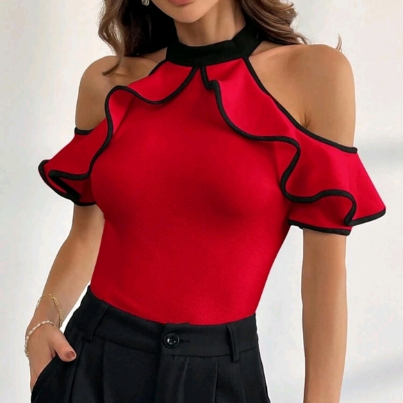 Women's Elegant Commuter Color-Block Ruffle Ruffle Short Sleeve T-Shirt - Picture 1 of 6